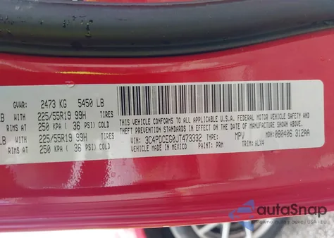 2018 Dodge Journey Gt из США, поврежденный, VIN 3C4PDCEG0JT473332